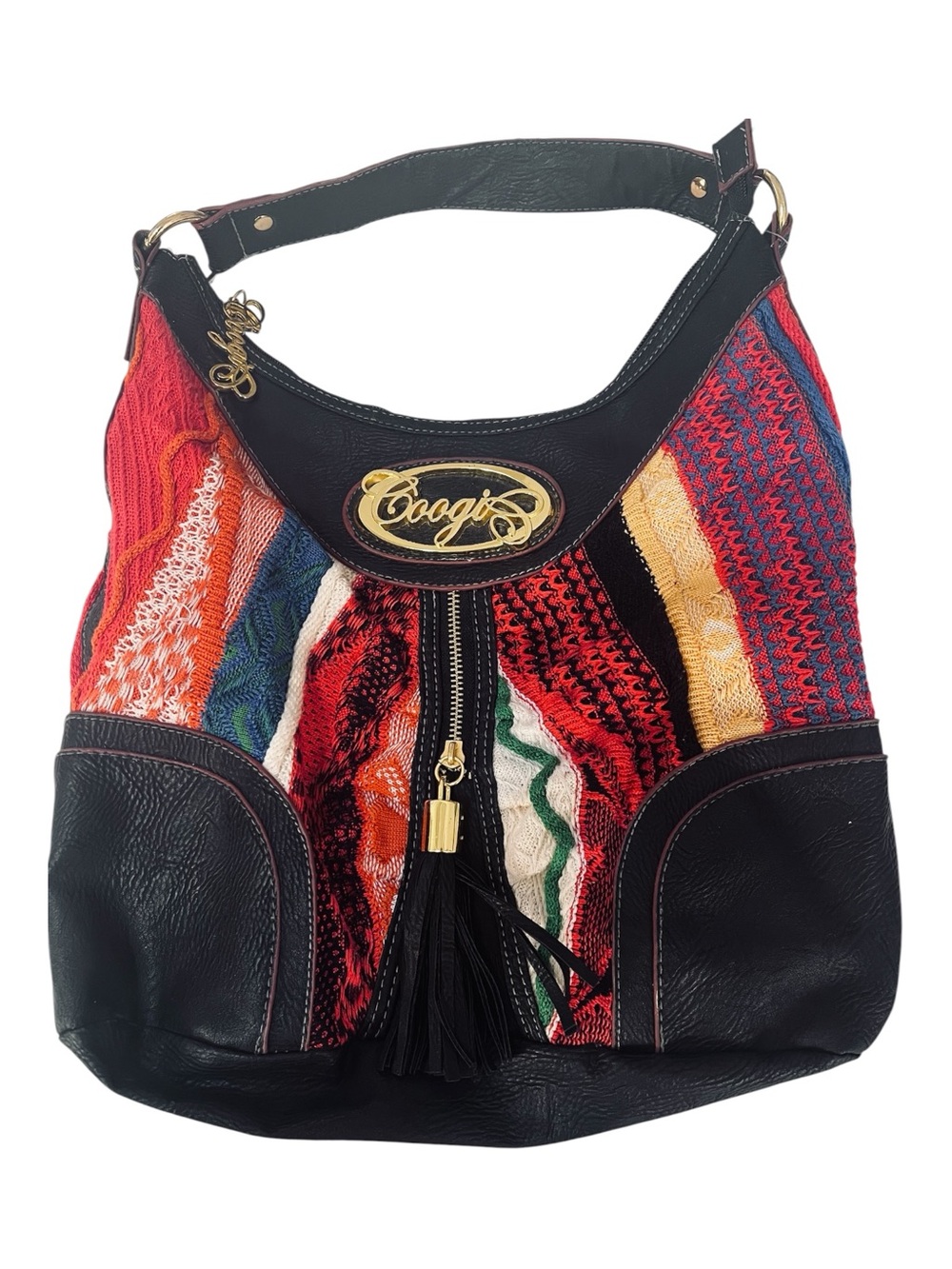Vintage Y2K COOGI 3D Knit Multicolor Leather Hobo Shoulder Bag Tassel Zipper